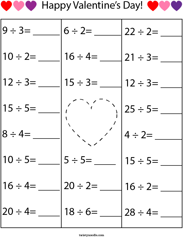 Valentine's Day Division Math Worksheet Twisty Noodle